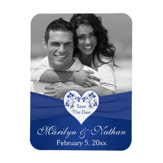 Royal Blue White Floral Heart Wedding Photo Magnet (Vertical)