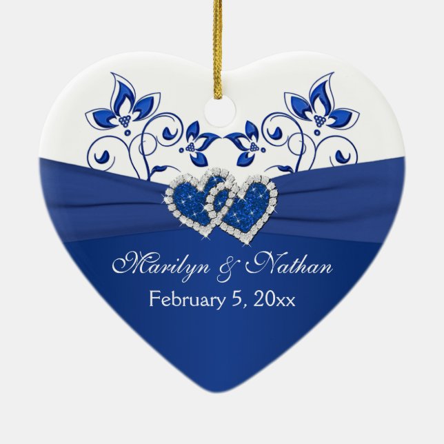 Royal Blue, White Floral Hearts 1st Christmas Ceramic Tree Decoration (Back)