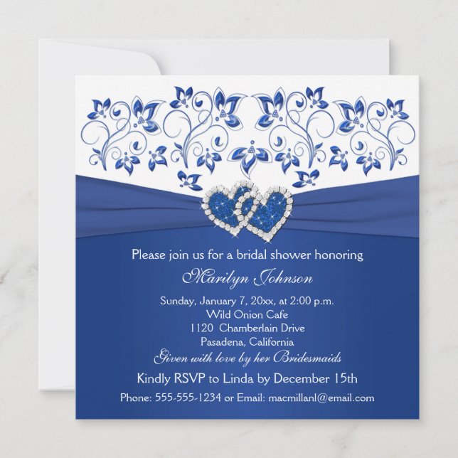 Royal Blue, White Floral Hearts Bridal Shower Invitation (Front)