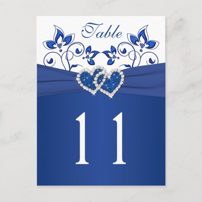 Royal Blue, White Floral Hearts Table Number Card (Front)