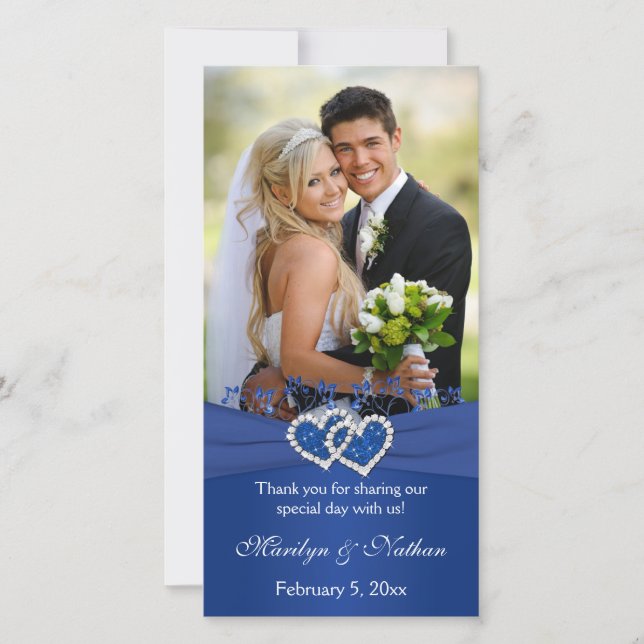 Royal Blue, White Floral Hearts Wedding Photo Card (Front)