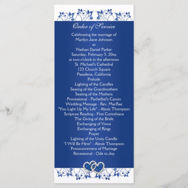 Royal Blue, White Floral Hearts Wedding Program Programme (Front)