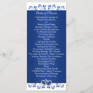 Royal Blue, White Floral Hearts Wedding Program Programme
