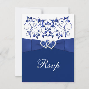 Royal Blue, White Floral, Hearts Wedding RSVP Card