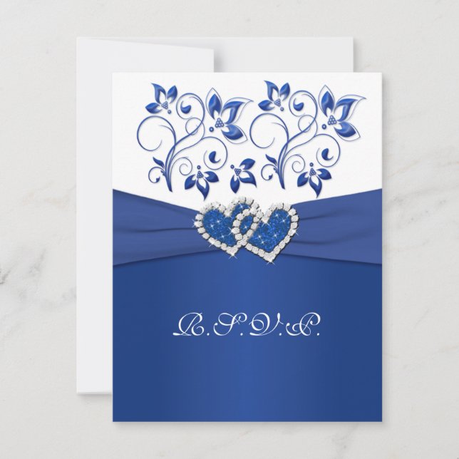 Royal Blue, White Floral Joined Hearts RSVP Card (Front)