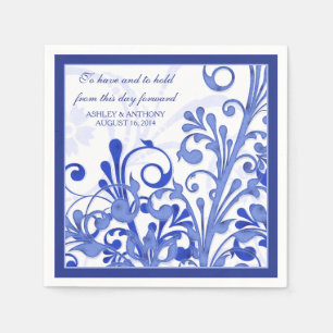 Royal Blue White Floral Personalised Wedding Napkin