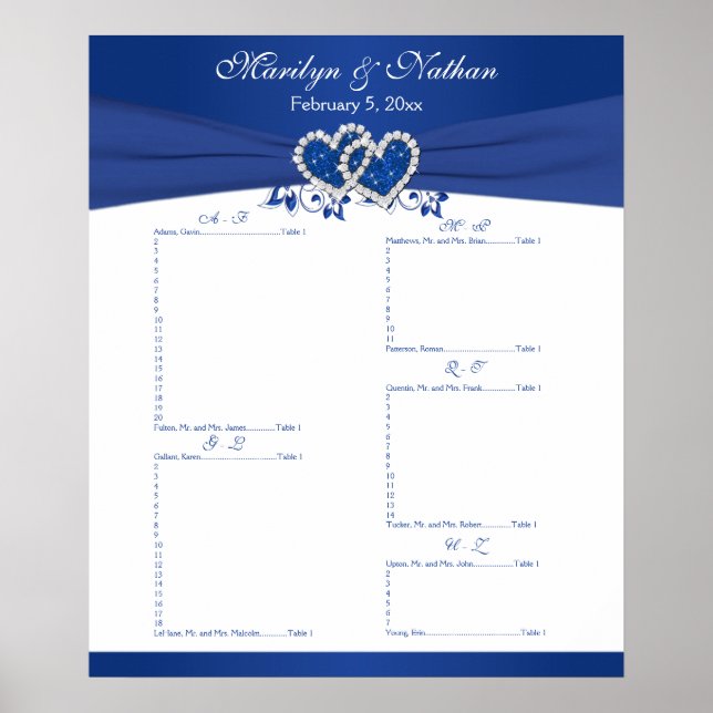 Royal Blue, White Floral Reception Seating Chart 2 (Front)