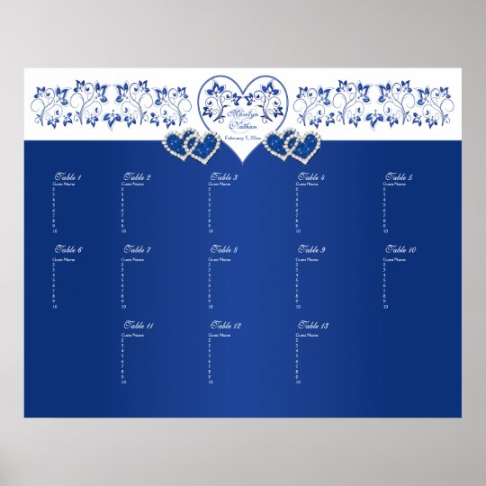 Royal Blue, White Floral Table Seating Poster
