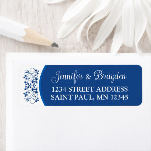 Royal Blue, White Floral Wedding Address Label