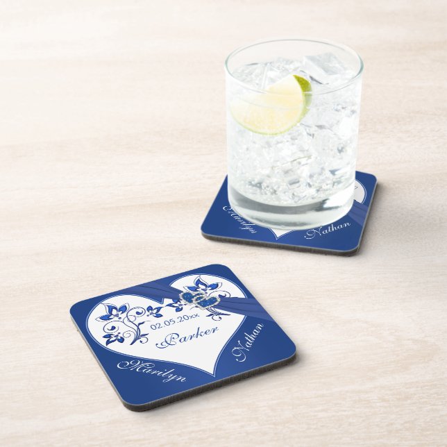 Royal Blue, White Floral Wedding Coaster Set (6) (Right Side)