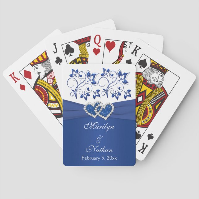Royal Blue, White Floral Wedding Playing Cards (Back)