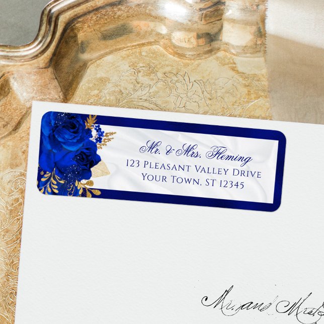 Royal Blue White Floral Wedding Return Address (Creator Uploaded)