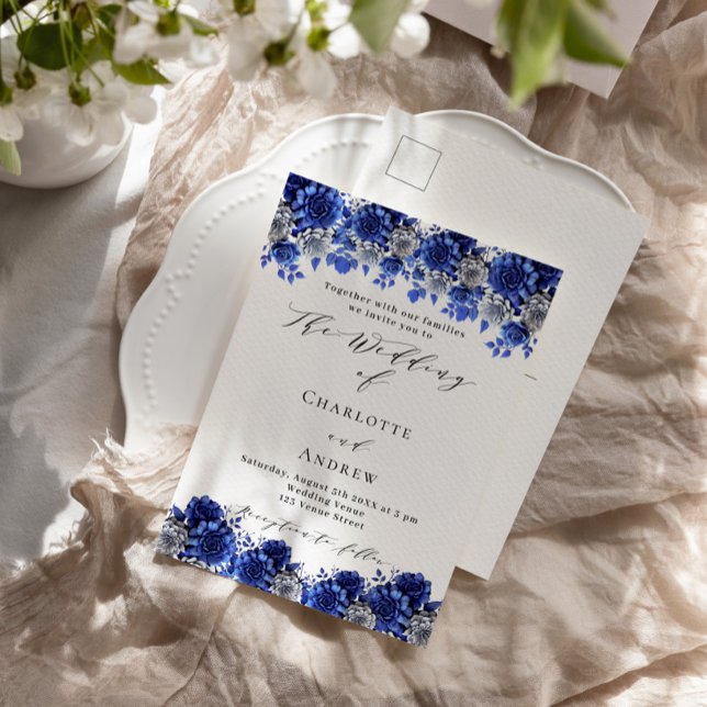 Royal blue white florals script wedding invitation postcard (Creator Uploaded)