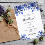 Royal blue white florals wedding invitation<br><div class="desc">A white background,  decorated with blue and white flowers.  Personalise and add your names and details.  
Back: blue background.</div>