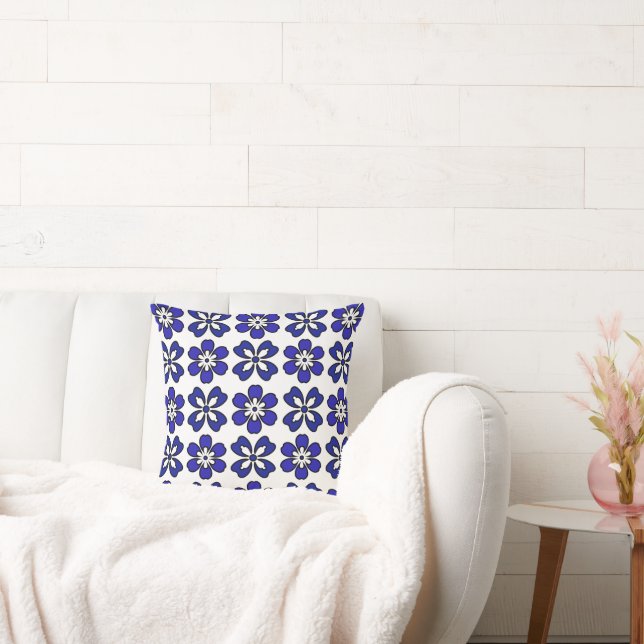 Royal Blue & White Flower Throw Pillow (Couch)