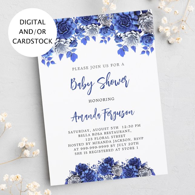 Royal blue white flowers boy baby shower invitation (Creator Uploaded)