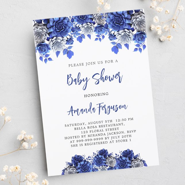 Royal blue white flowers boy baby shower invitation postcard (Creator Uploaded)