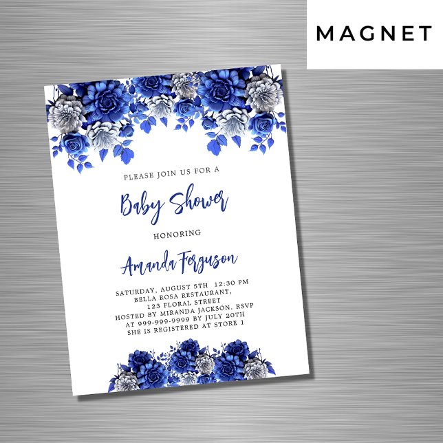 Royal blue white flowers boy luxury baby shower magnetic invitation (Creator Uploaded)