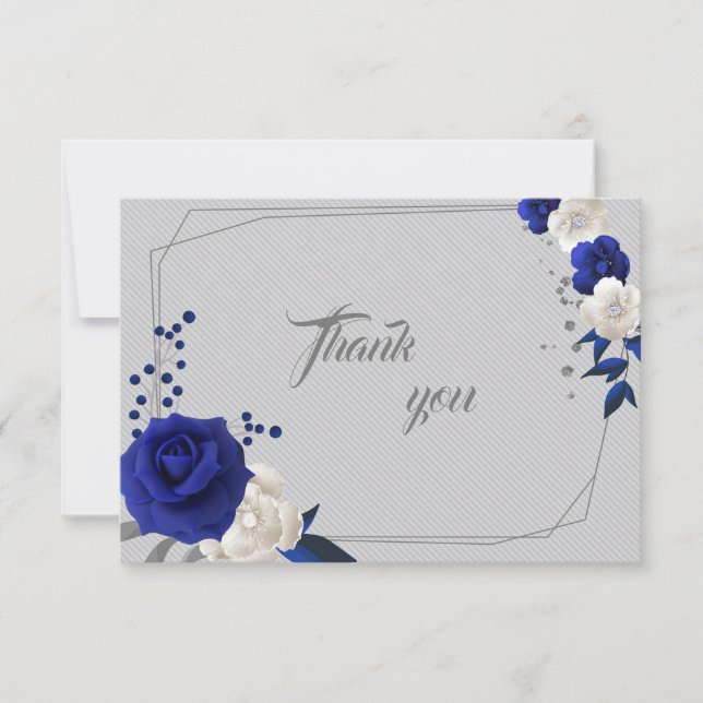 royal blue white flowers geometric thank you card (Front)