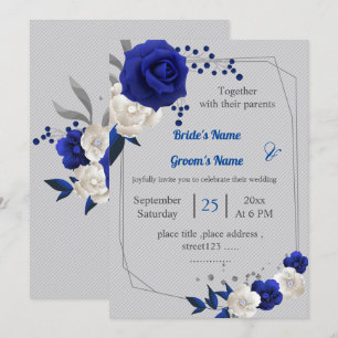 royal blue white flowers geometric wedding invitation