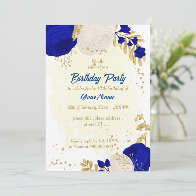 royal blue & white flowers gold birthday099 invitation (Standing Front)