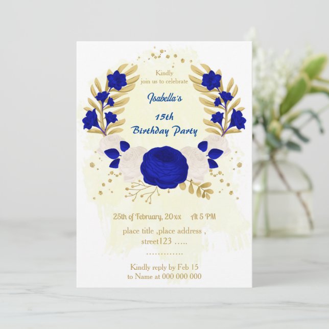 royal blue & white flowers gold birthday invitation (Standing Front)