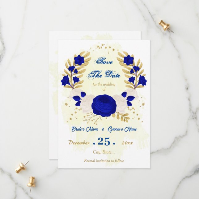 royal blue & white flowers gold botanical save the date (Front/Back In Situ)