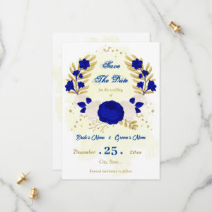 royal blue & white flowers gold botanical save the date