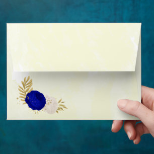 royal blue & white flowers gold botanical wedding envelope