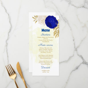 royal blue & white flowers gold botanical wedding  menu