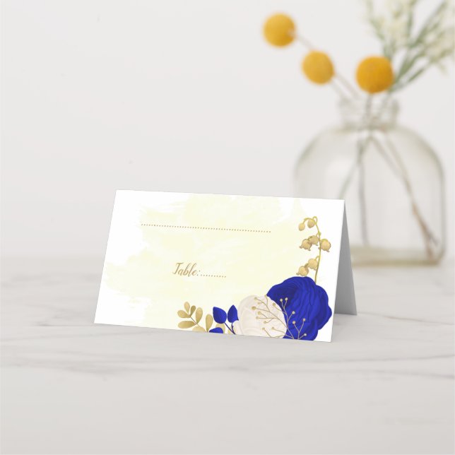royal blue & white flowers gold botanical wedding  place card (Front)