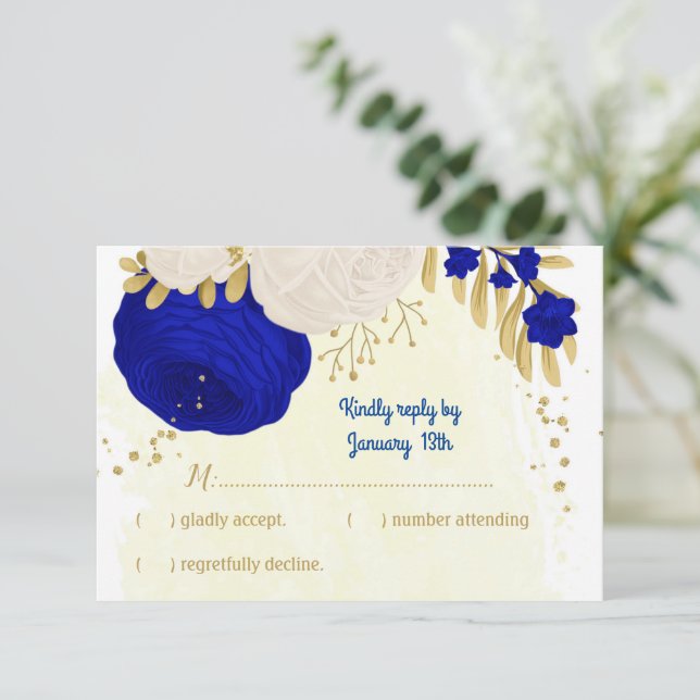 royal blue & white flowers gold botanical wedding RSVP card (Standing Front)