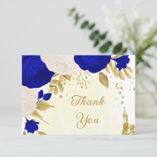 royal blue & white flowers gold botanical wedding thank you card