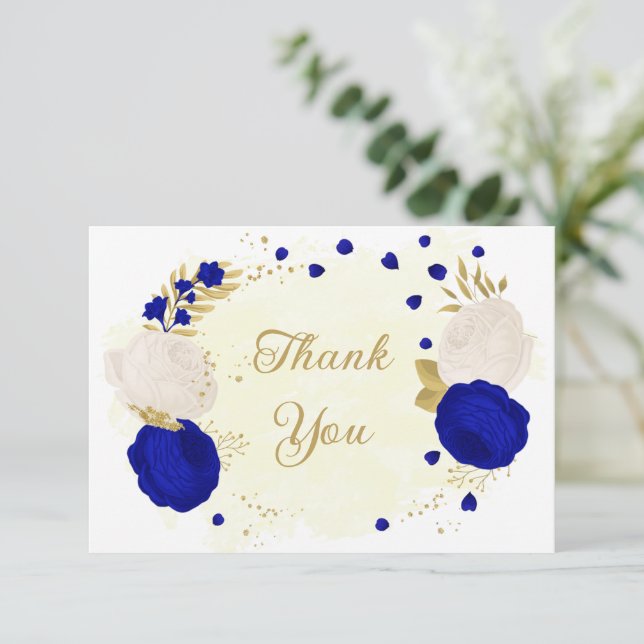 royal blue & white flowers gold botanical wedding thank you card (Standing Front)