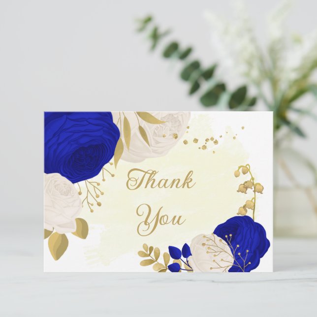 royal blue & white flowers gold botanical wedding thank you card (Standing Front)