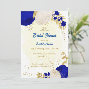 royal blue & white flowers gold bridal shower invitation