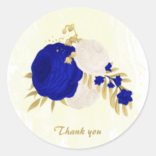  royal blue & white flowers gold  classic round sticker