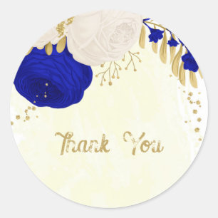  royal blue & white flowers gold classic round sticker