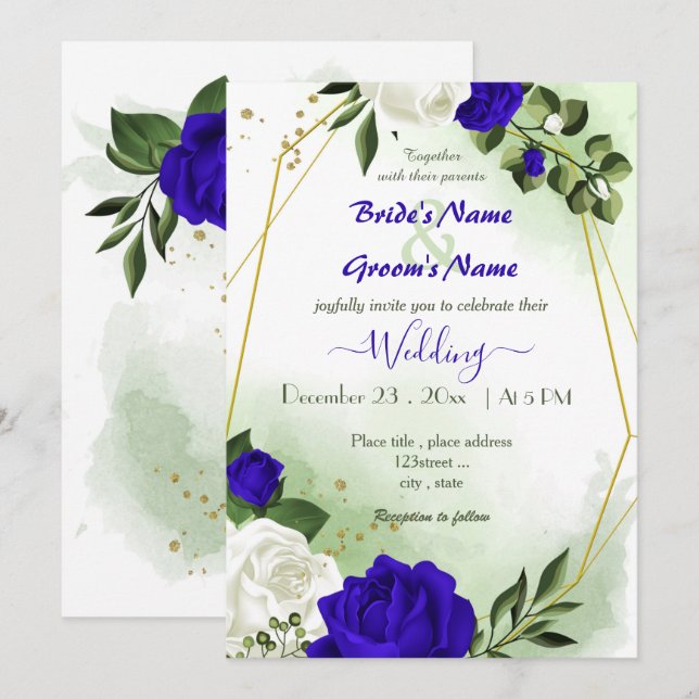 royal blue white flowers gold geometric wedding invitation (Front/Back)
