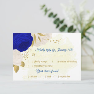 royal blue & white flowers gold meal choice RSVP card