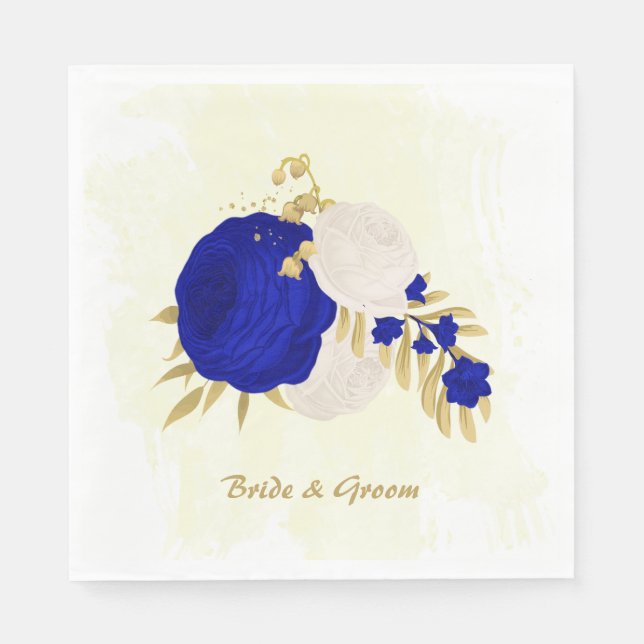  royal blue & white flowers gold  napkin (Front)
