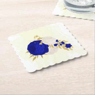royal blue & white flowers gold paper coaster