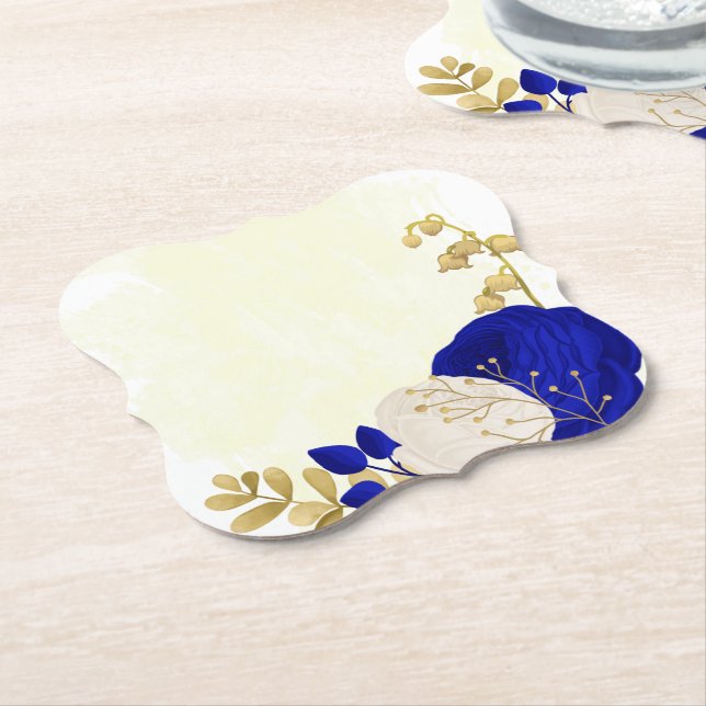  royal blue & white flowers gold paper coaster (Angled)