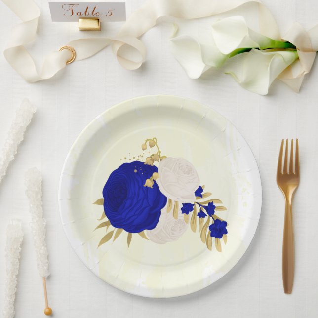  royal blue & white flowers gold paper plate (Wedding)