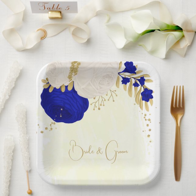  royal blue & white flowers gold paper plate (Wedding)