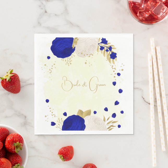  royal blue & white flowers gold wedding  napkin (Insitu)