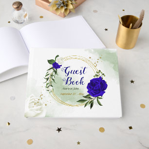 royal blue white flowers gold wreath wedding guest book
