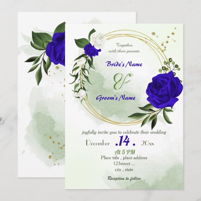 royal blue white flowers gold wreath wedding  invitation (Front/Back)