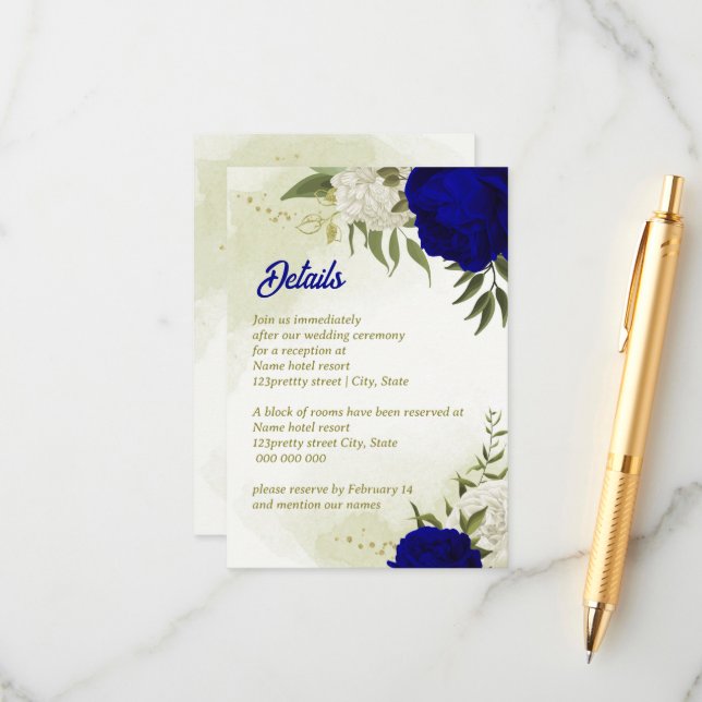 royal blue white flowers green leaves enclosure card (Front/Back In Situ)
