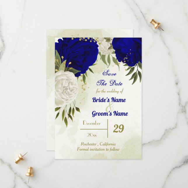 royal blue white flowers green leaves save the date (Front/Back In Situ)